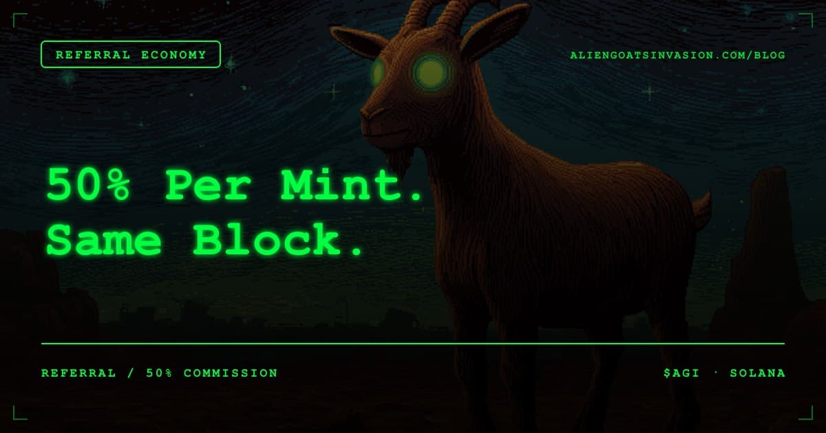 Pixel-art referral payout screen showing 50% commission flowing same-block for the 50% Referral Commissions blog post