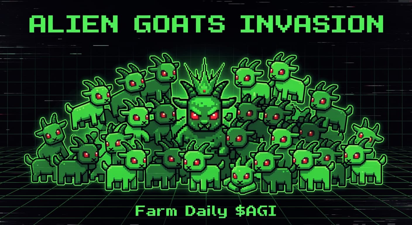 Step icons showing Phantom wallet connect, $AGI mint payment, and an OG Goat NFT card on a green CRT background