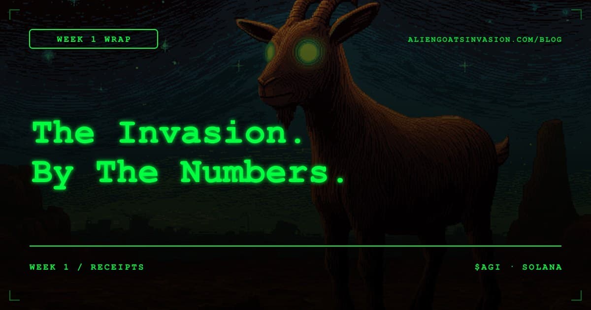 Retro CRT green-on-black stats dashboard showing Week 1 Alien Goats Invasion metrics — total mints, top scores, and referral payouts in pixel-art style with scanlines