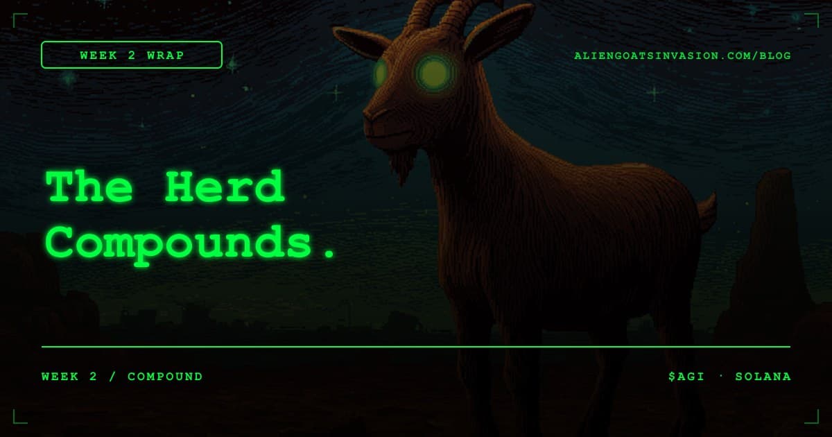 Retro CRT green-on-black stats dashboard showing Week 2 Alien Goats Invasion metrics — mints, scores, referral totals, and player archetypes in pixel-art style