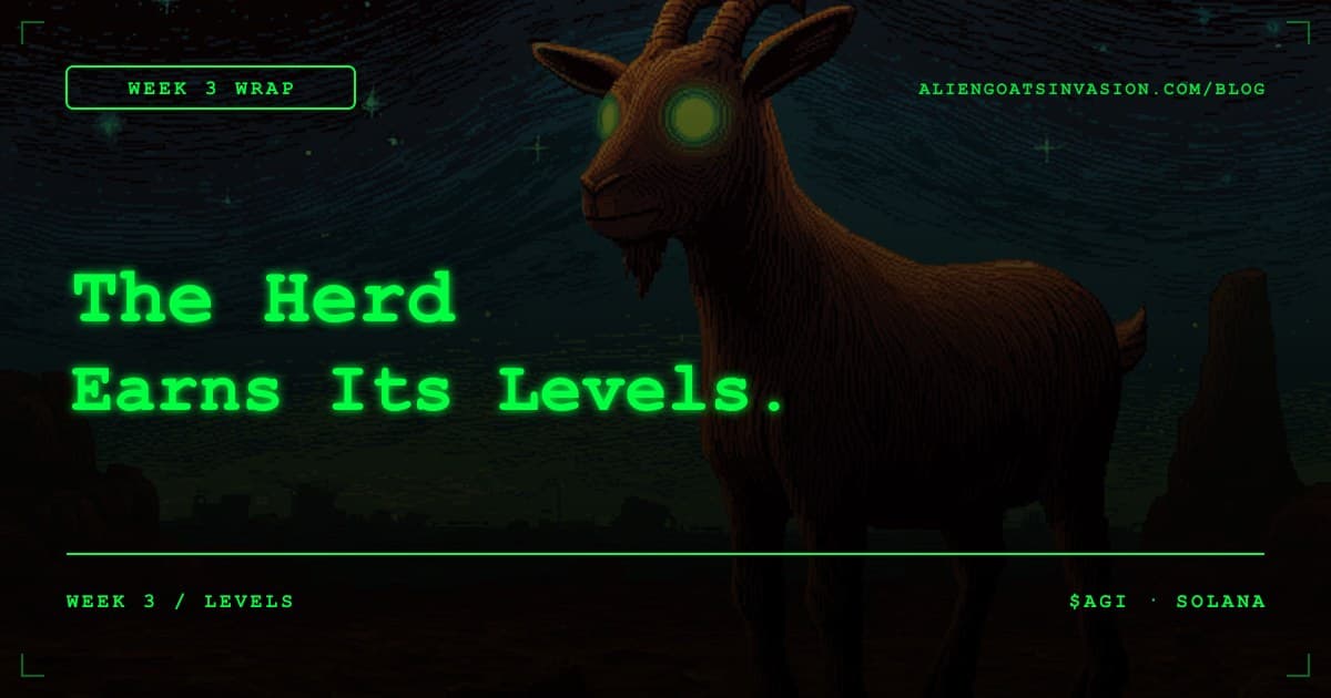 Retro CRT green-on-black stats dashboard showing Week 3 Alien Goats Invasion metrics — veteran scores, streak milestones, referral totals, and goat levels in pixel-art style