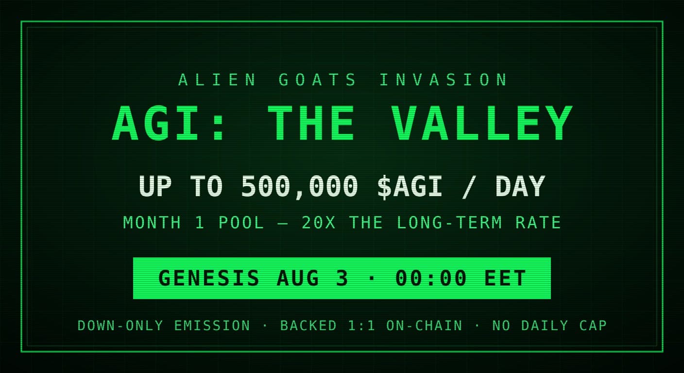 Retro green CRT terminal card announcing AGI: The Valley with up to 500,000 $AGI per day at genesis on August 3, down-only emission backed 1:1 on-chain