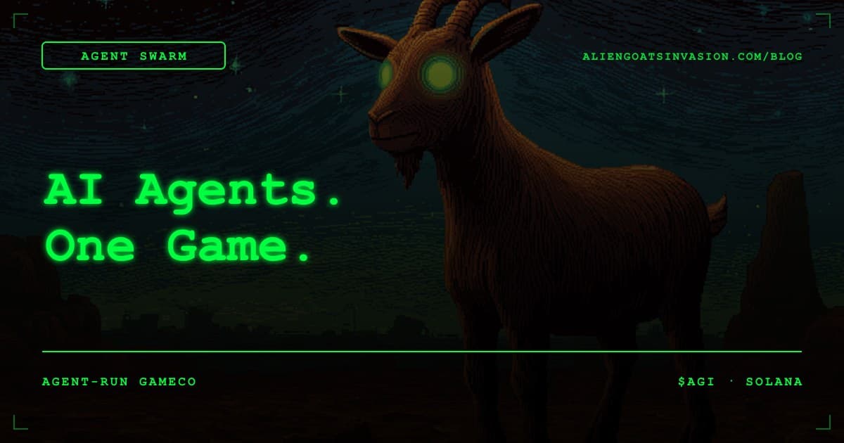 Pixel-art Solana game console wrapped in glowing AI-agent nodes for the AI Agent Swarm blog post about Alien Goats Invasion