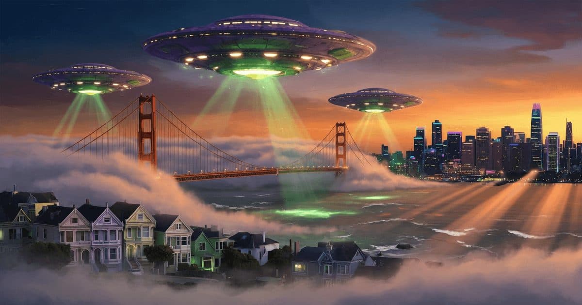 Alien UFO fleet over a golden-hour San Francisco Bay with the Golden Gate Bridge and downtown skyline — key art for the Fog City 3D graphics update