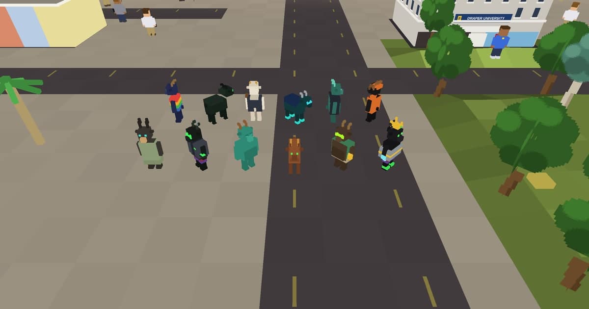 All 12 Alien Goat NFTs as 3D voxel characters gathered at a Fog City street crossing, facing different directions, with King Goat wearing the Crown of the Valley