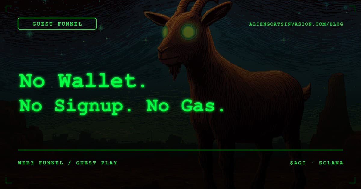 Retro pixel arcade screen reading "No Wallet, No Signup, No Gas" for an Alien Goats Invasion guest-play funnel blog post