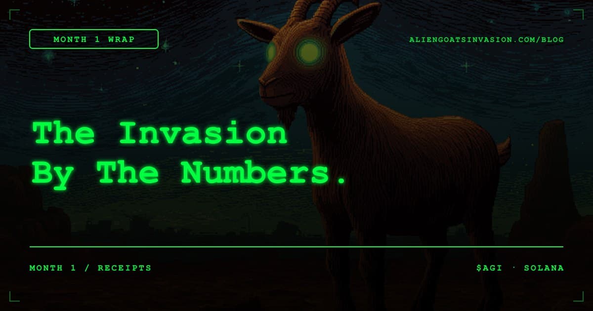 Pixel-art mission-debrief screen with goat squad and on-chain stats for the Month 1 Wrap blog post