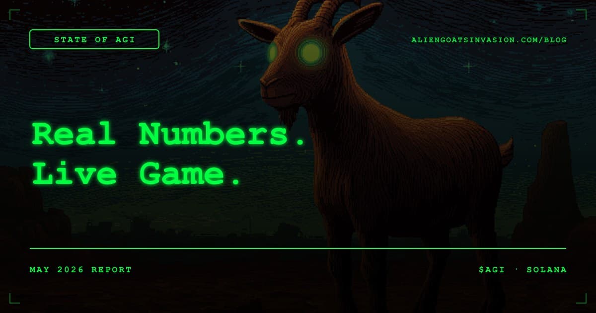 Green CRT terminal showing $AGI on-chain metrics for the May 2026 State-of-AGI blog post