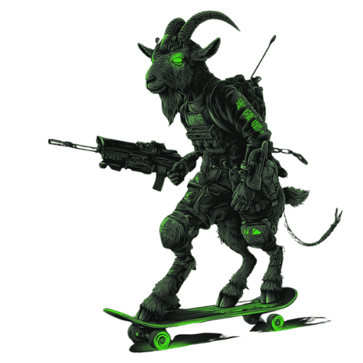 In-game pixel art of the Cybercop Goat, the level 9 NFT in the Alien Goats Invasion Legendary tier on Solana.