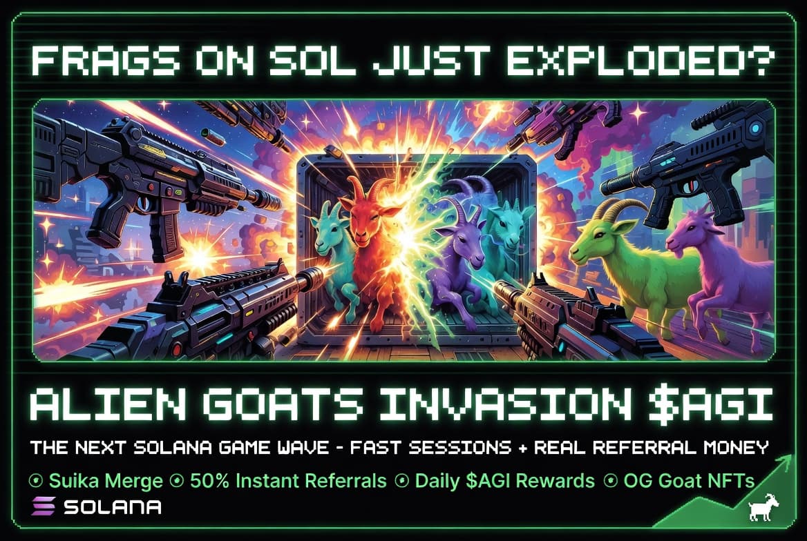 Frags on Sol just exploded? Neon retro blog cover for Alien Goats Invasion ($AGI) featuring colorful psychedelic alien goats merging in the center with FPS guns and explosions around them. The next Solana game wave — fast sessions + real referral money. Suika Merge Gameplay, 50% Instant Referrals, D