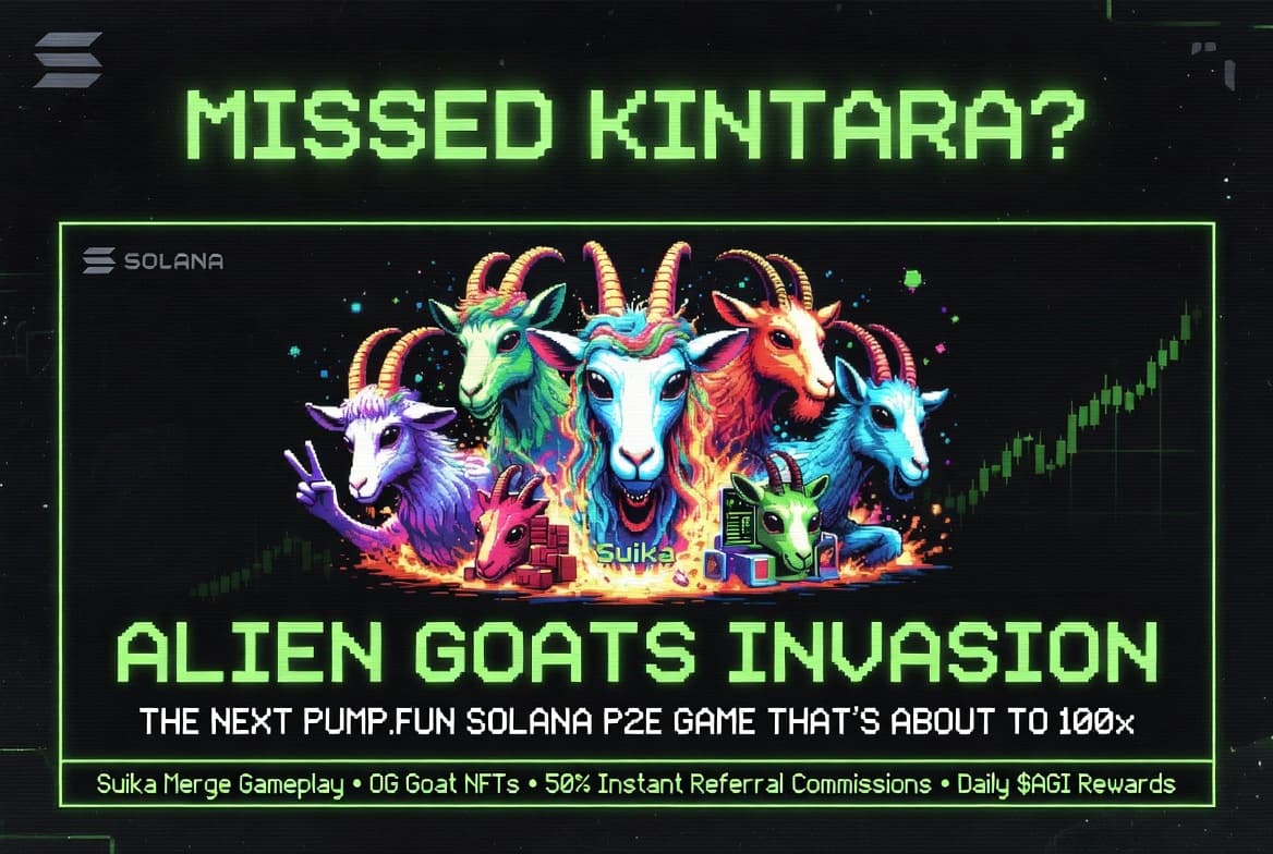 Missed Kintara? Alien Goats Invasion ($AGI) – the next viral Suika-style merge game on Solana with OG Goat NFTs, 50% referral commissions, and daily $AGI rewards. Retro neon pixel art featuring colorful psychedelic alien goats.